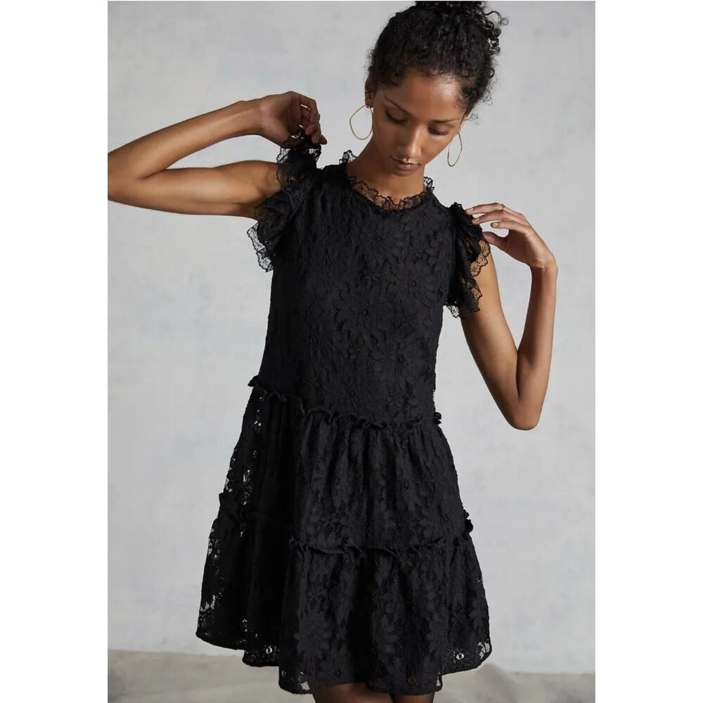 Anthropologie blue tassel lace dress size XS black
